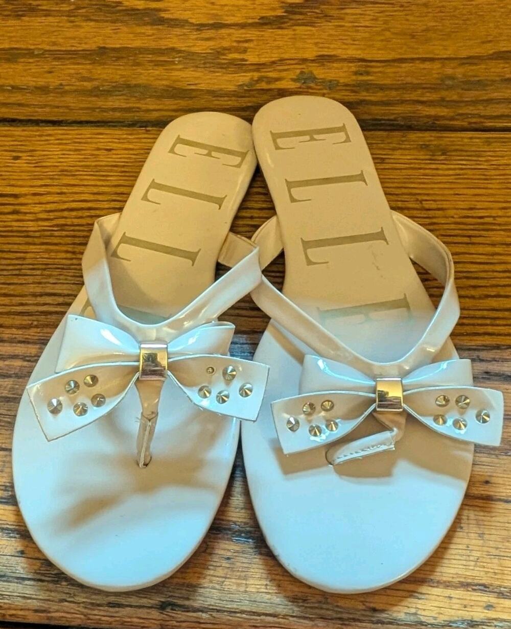Elie Flip Flop Bow Sandals Gold Studded Shoes Women's 8 Ivory